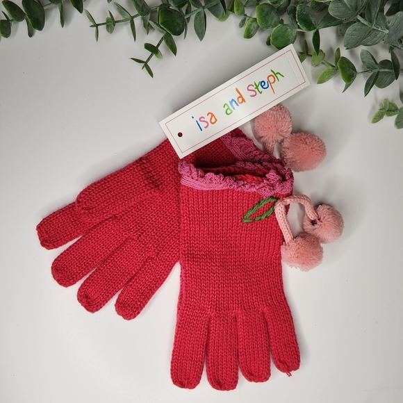 Toddler Girls crocheted gloves Bright red with pale pink accents - Picture 1 of 1